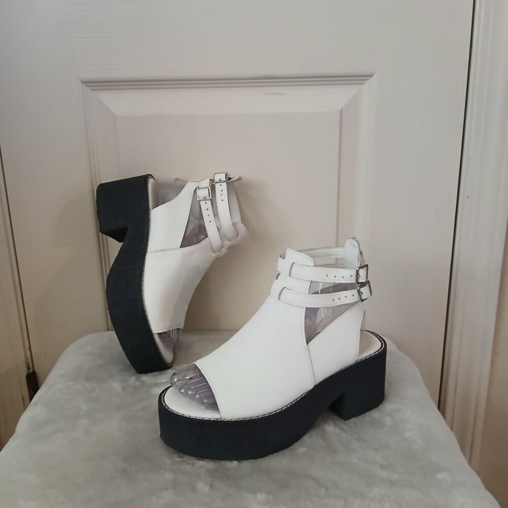 White Böhme Elizabeth Platform Sandals Chunky Black Heel Double Ankle Strap 6.5